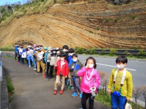 見事な大露頭です。このしましま模様に大島の成り立ちのヒミツがあります。