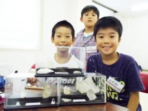 クリスタルを観察しワークシートにまとめます。標本はお土産に。